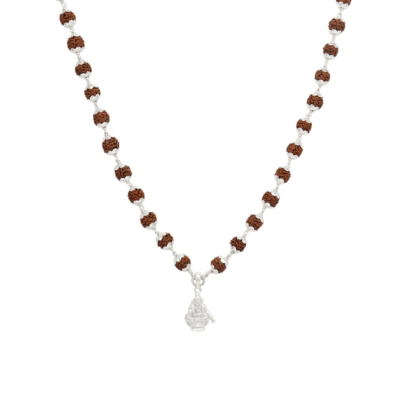 Silver Caped Rudraksha Mala/Chain with Ayyappan Pendent/Dollar Silver Caped Rudraksha Mala/Chain with Ayyappan Pendent/Dollar