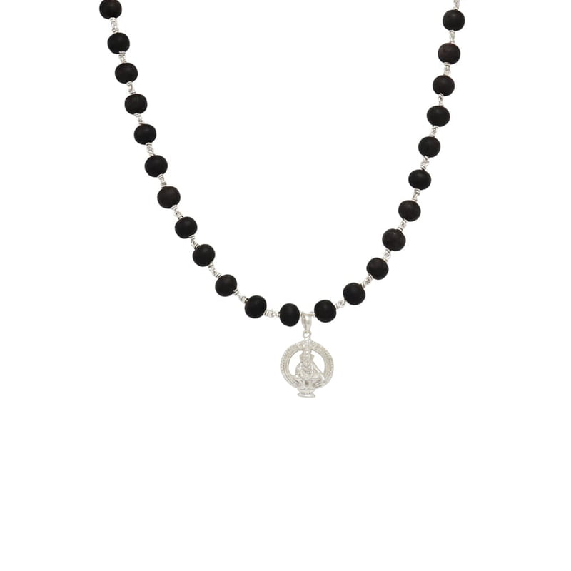 Silver Tied Wooden Beads ebony Mala (Black)with Ayyappan Pendant Silver Tied Wooden Beads ebony Mala (Black)with Ayyappan Pendant
