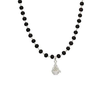 Silver Tied Wooden Beads ebony Mala (Black) with Iyyappan Pendant