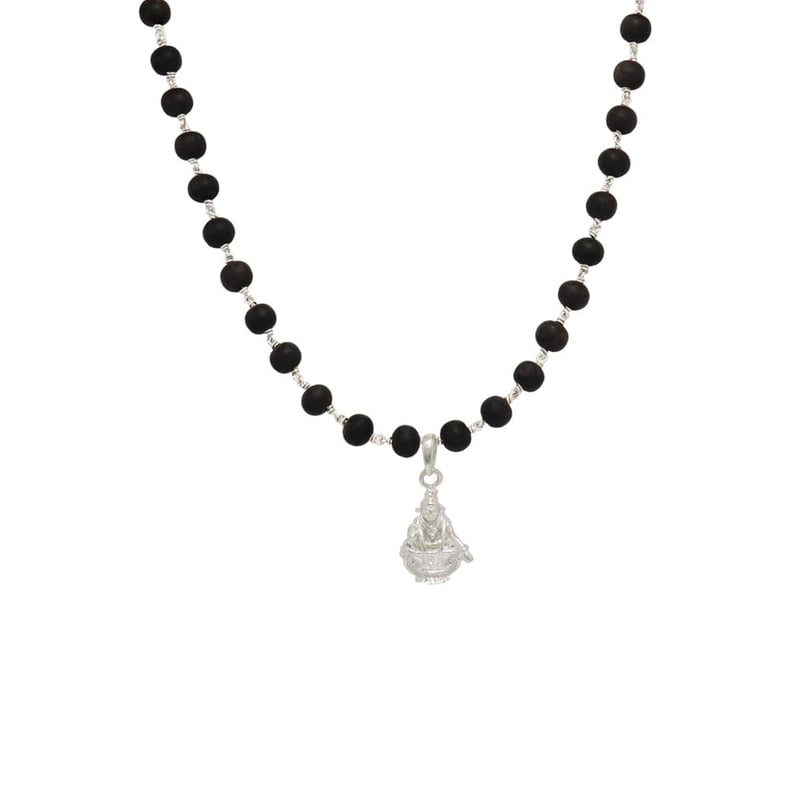 Silver Tied Wooden Beads ebony Mala (Black) with Iyyappan Pendant Silver Tied Wooden Beads ebony Mala (Black) with Iyyappan Pendant