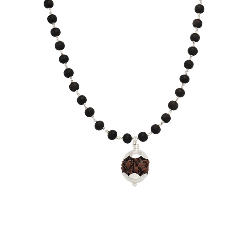 Silver Tied Wooden Beads ebony Mala (Black) with Rudraksha Pendant