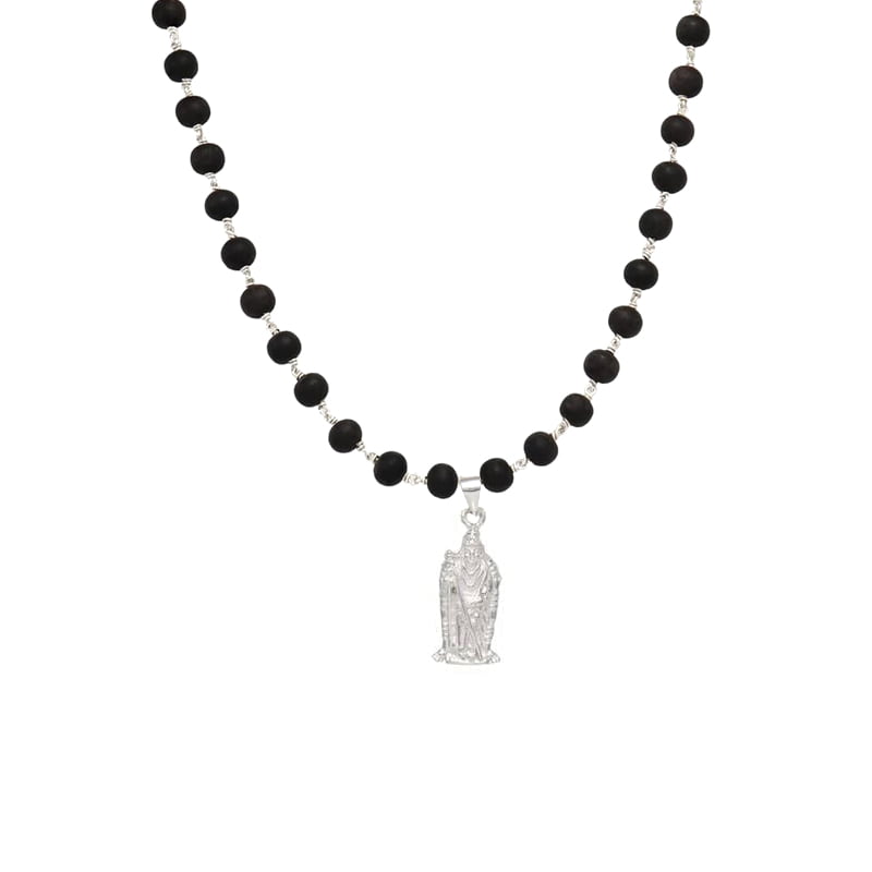 Silver Tied Wooden Beads ebony Mala (Black) with Murugan Pendant Silver Tied Wooden Beads ebony Mala (Black) with Murugan Pendant