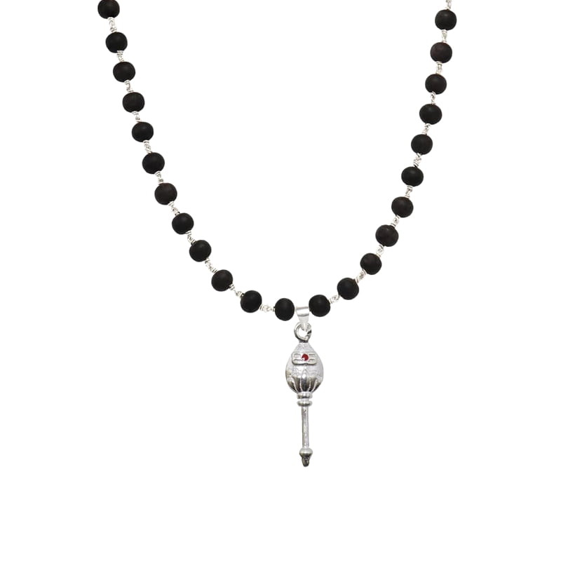 Silver Tied Wooden Beads ebony Mala (Black) with Vel Pendant