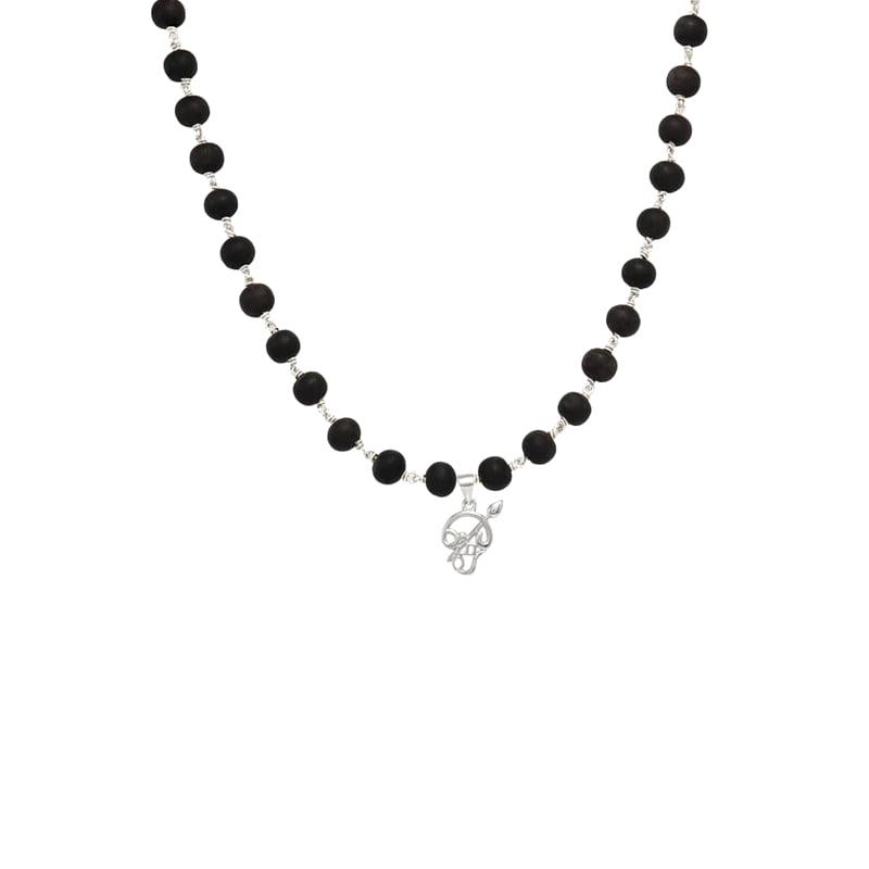 Silver Tied Wooden Beads ebony Mala (Black) with Om Pendant