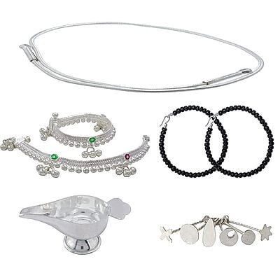 silver gift set for Born Babies- silver (Anklet/Kolusu, Hip Chian/Arunaal, Feeder/Paladai, Bindhi/pottu Kit)