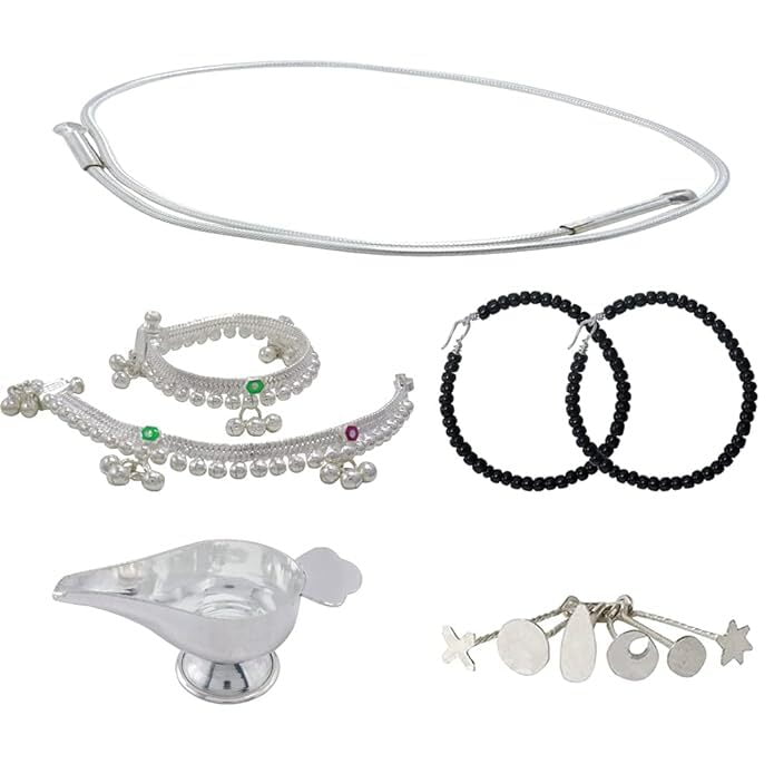 silver gift set for Born Babies- silver (Anklet/Kolusu, Hip Chian/Arunaal, Feeder/Paladai, Bindhi/pottu Kit)