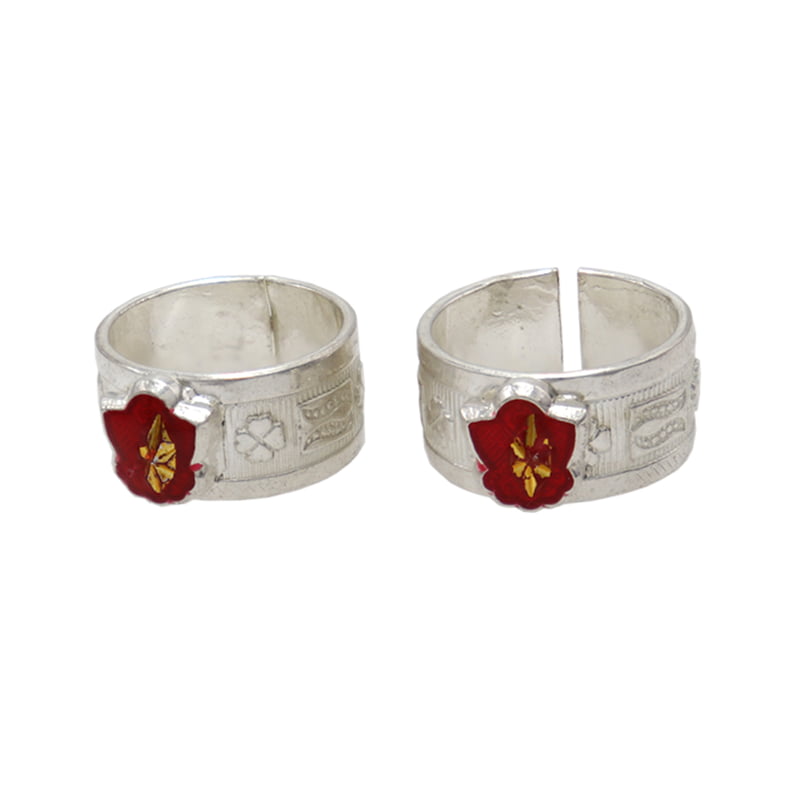 Silver Toe Ring, Metti with Red Enamel Flower Design Silver Toe Ring, Metti with Red Enamel Flower Design
