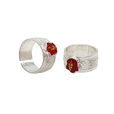 Silver Toe Ring, Metti with Red Enamel Flower Design Silver Toe Ring, Metti with Red Enamel Flower Design