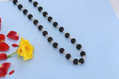 Silver Tied Wooden Beads ebony Mala (Black)