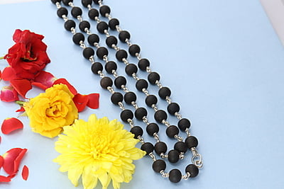 Silver Tied Wooden Beads ebony Mala (Black)