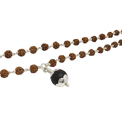 silver tied Ruduracha Mala with Karungali Pendant silver tied Ruduracha Mala with Karungali Pendant