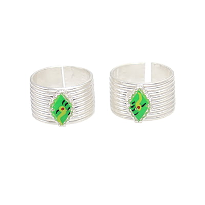 Silver Toe ring, Metti with Green Enamel Design
